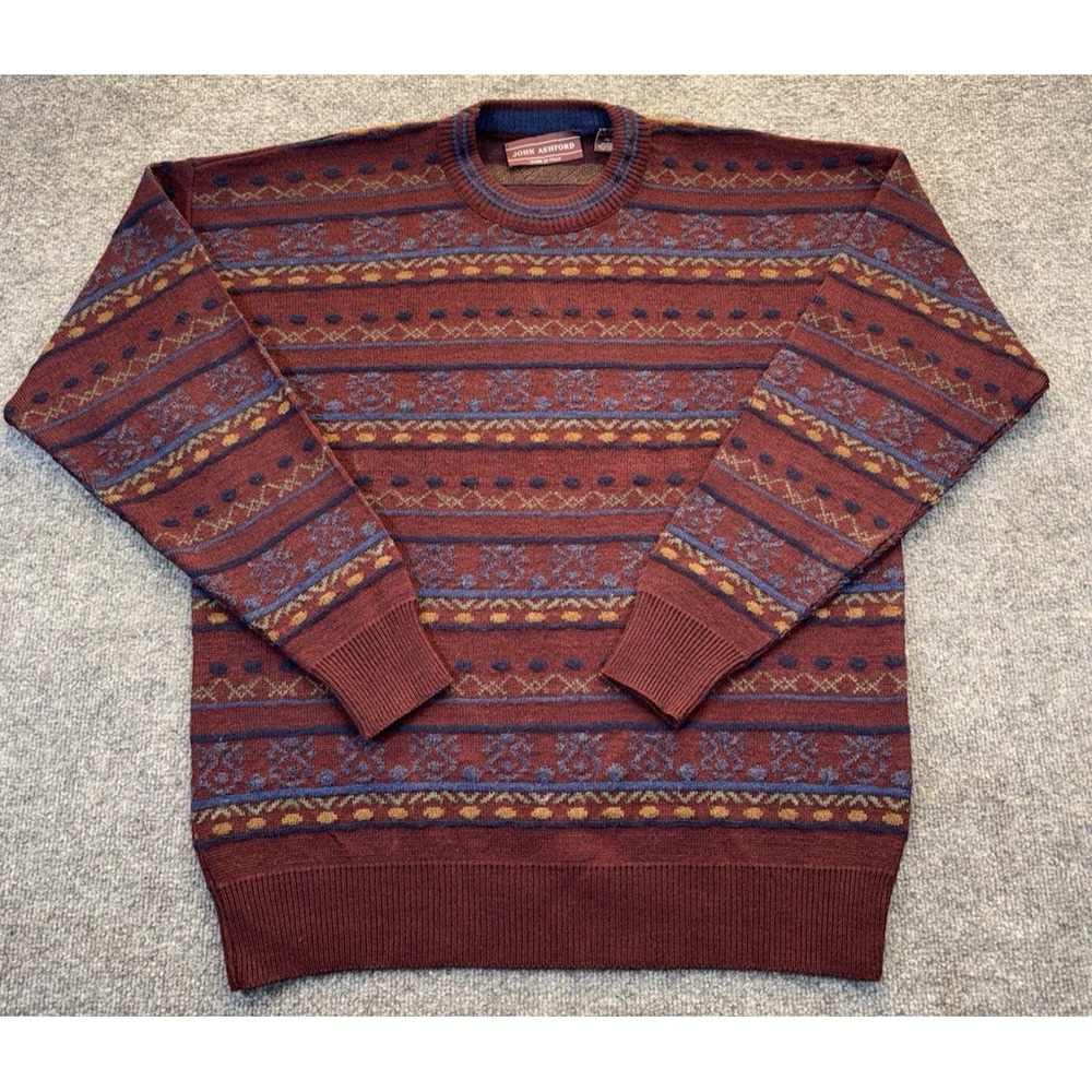 John Ashford Men's XL Wool Blend Fair Isle Sweater Made in Italy Burgundy